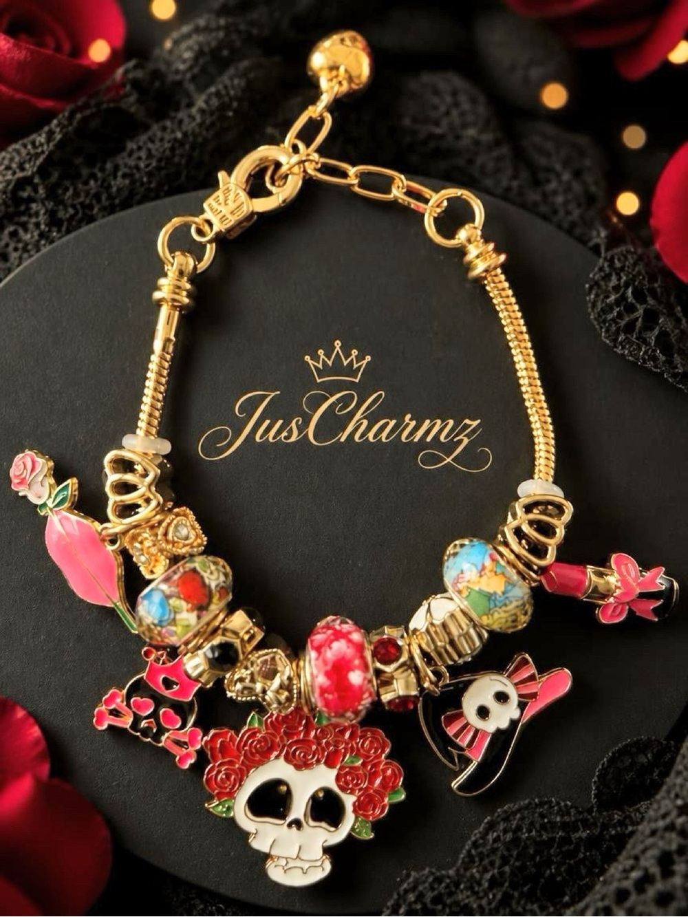 Gold & Pink Day of the Dead Charm Bracelet